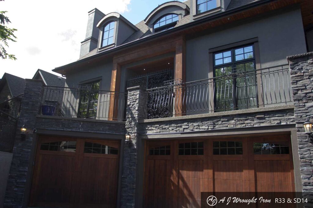 decorative deck railing above garage