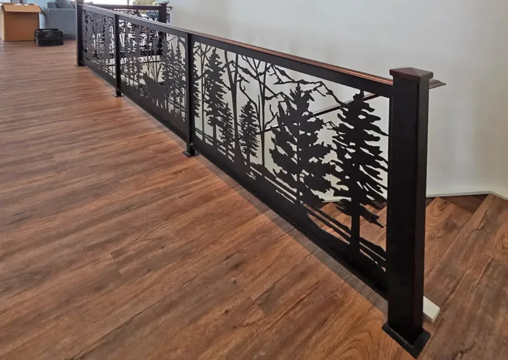 R54 - copper railing-ft railing baluster created by laser cutting a forest motif into a metal sheet