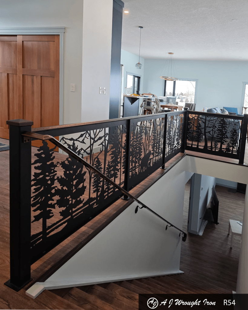 R54 - Copper railing with custom laser cut baluster lasercut railing above staircase into basement
