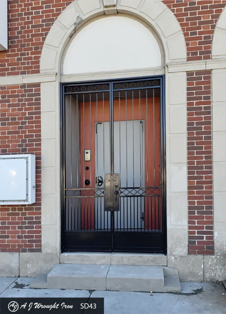 black double door security gate made of black wrought iron